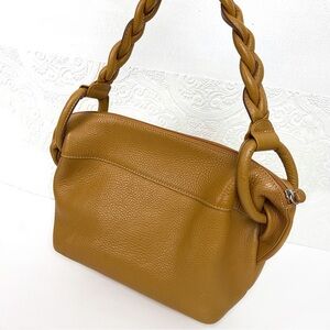 OMBU orange-brown pebbled leather shoulder bag with braided strap